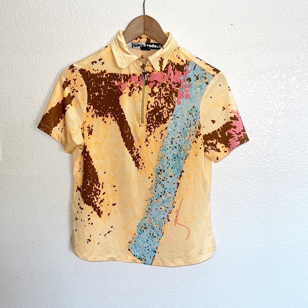 Jamie Sadock Yellow Abstract Short Sleeve Half Zipper Golf Polo